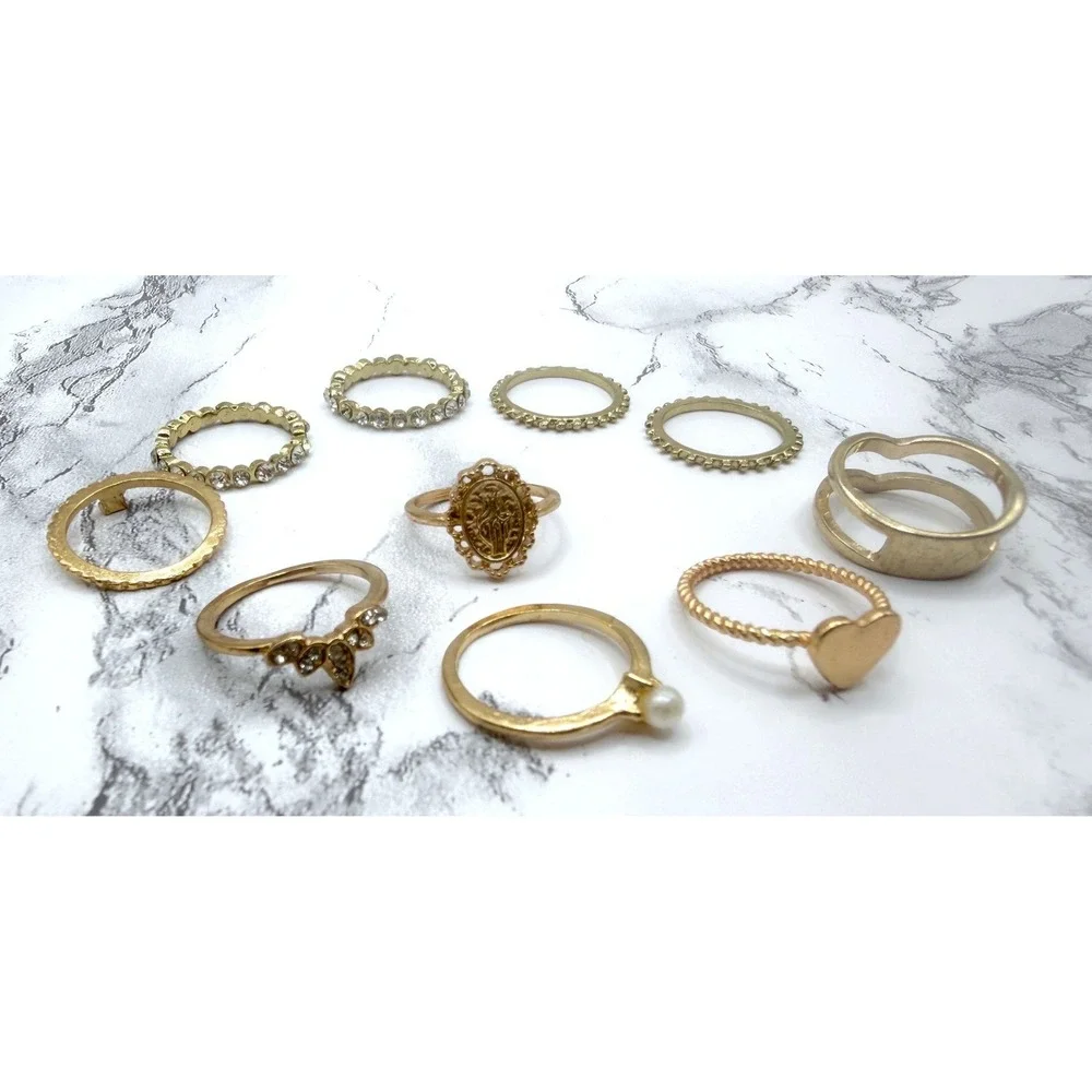 10 Piece Gold Tone Ring Lot Size 6 6.5 6.75 Stack Heart Pearl Band Mixed Styles